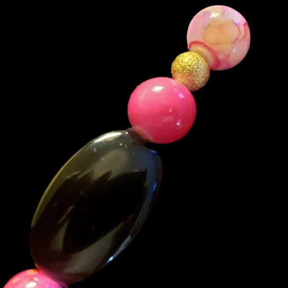 Pink, Black & Gold Hand Crafted Beaded Keychain - Picture 3 of 8